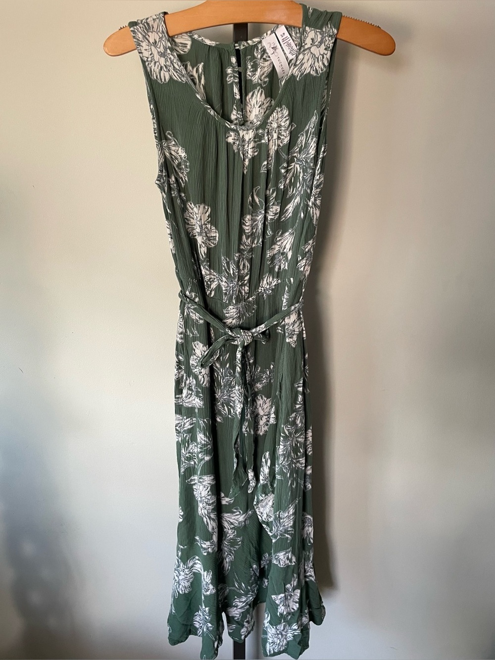 Tuchuzy Floral Crinkle Faux Wrap Tulip Dress Belted Cottagecore Boho Green Small